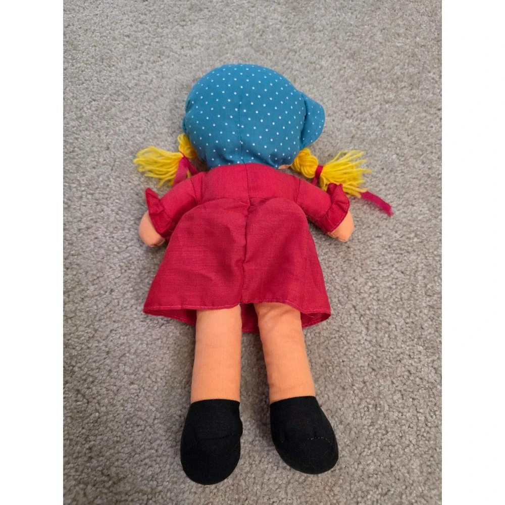 Vintage Rag Doll Plush Yellow Yarn Pigtails Red Dress Blue Bonnet 15 Inch